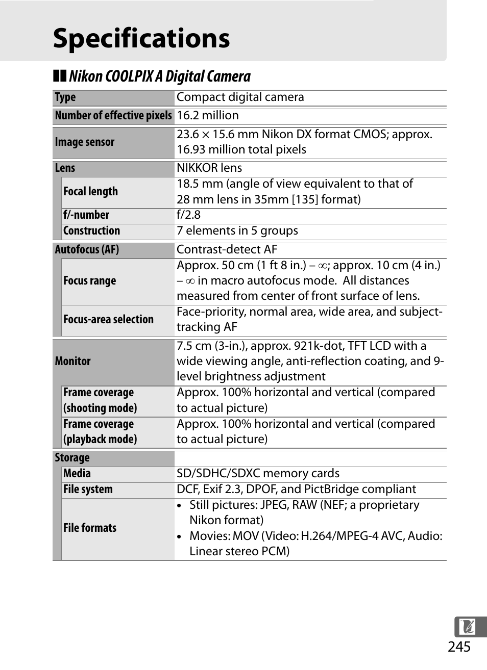 Specifications, Nikon coolpix a digital camera | Nikon COOLPIX-A User Manual | Page 265 / 278