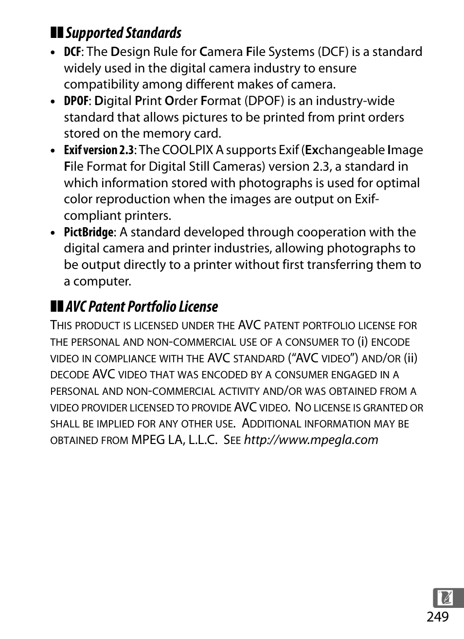 Supported standards, Avc patent portfolio license | Nikon COOLPIX-A User Manual | Page 269 / 278