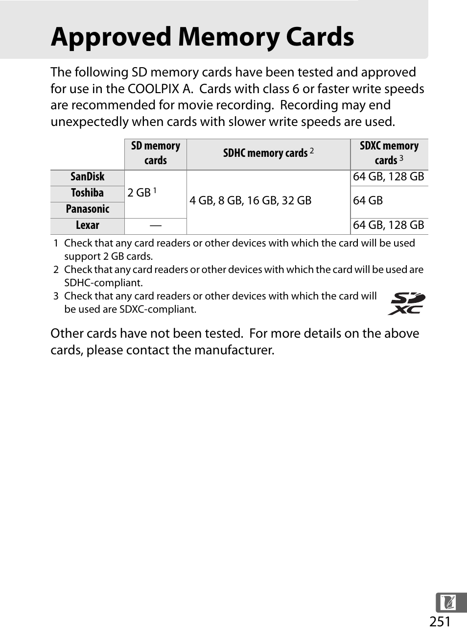 Approved memory cards | Nikon COOLPIX-A User Manual | Page 271 / 278