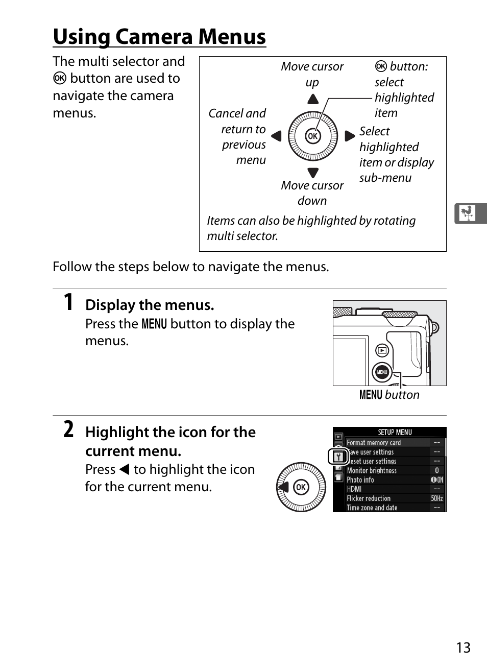 Using camera menus, 0 13) and pr | Nikon COOLPIX-A User Manual | Page 33 / 278