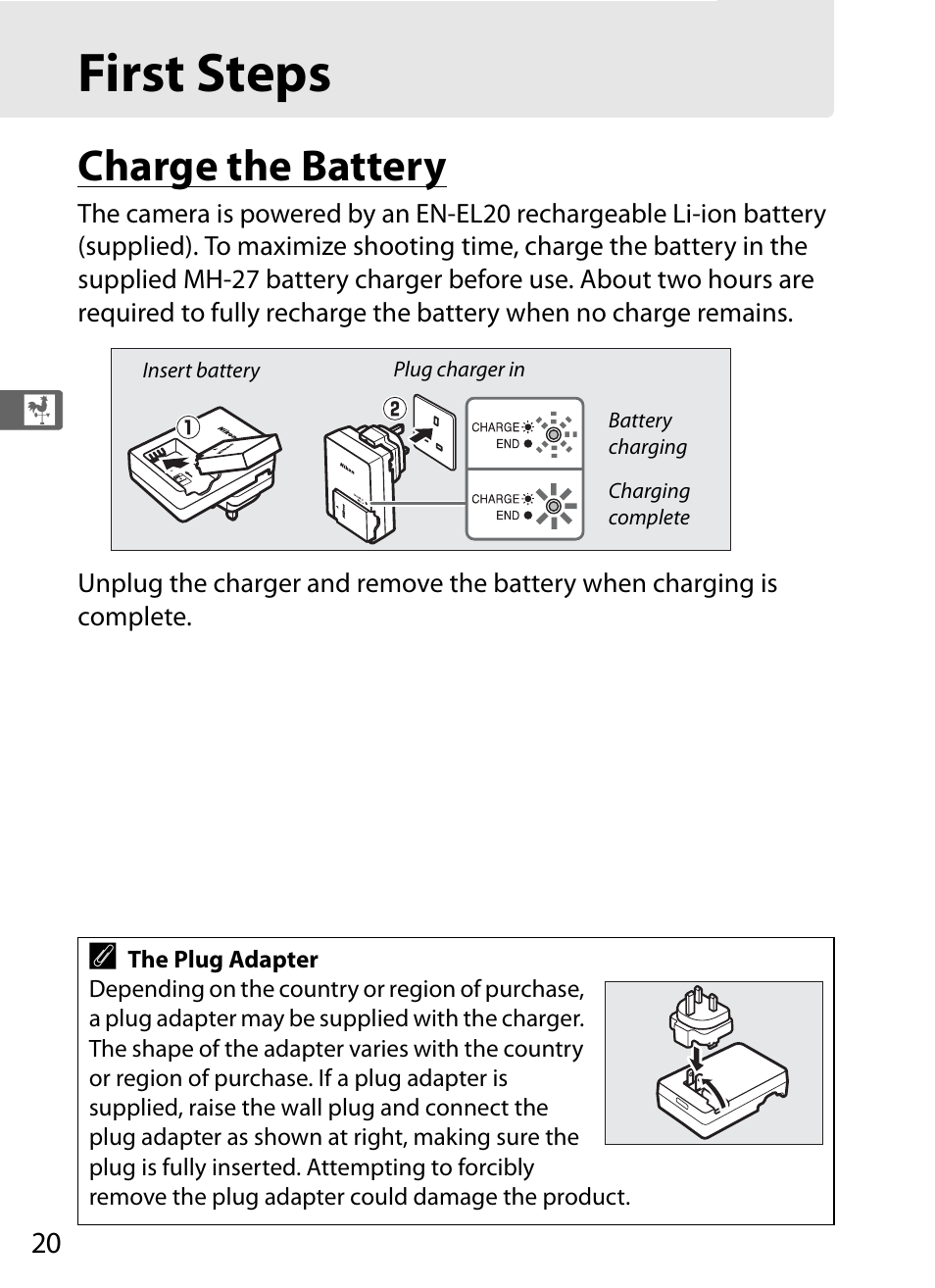 First steps, Charge the battery | Nikon COOLPIX-A User Manual | Page 40 / 278