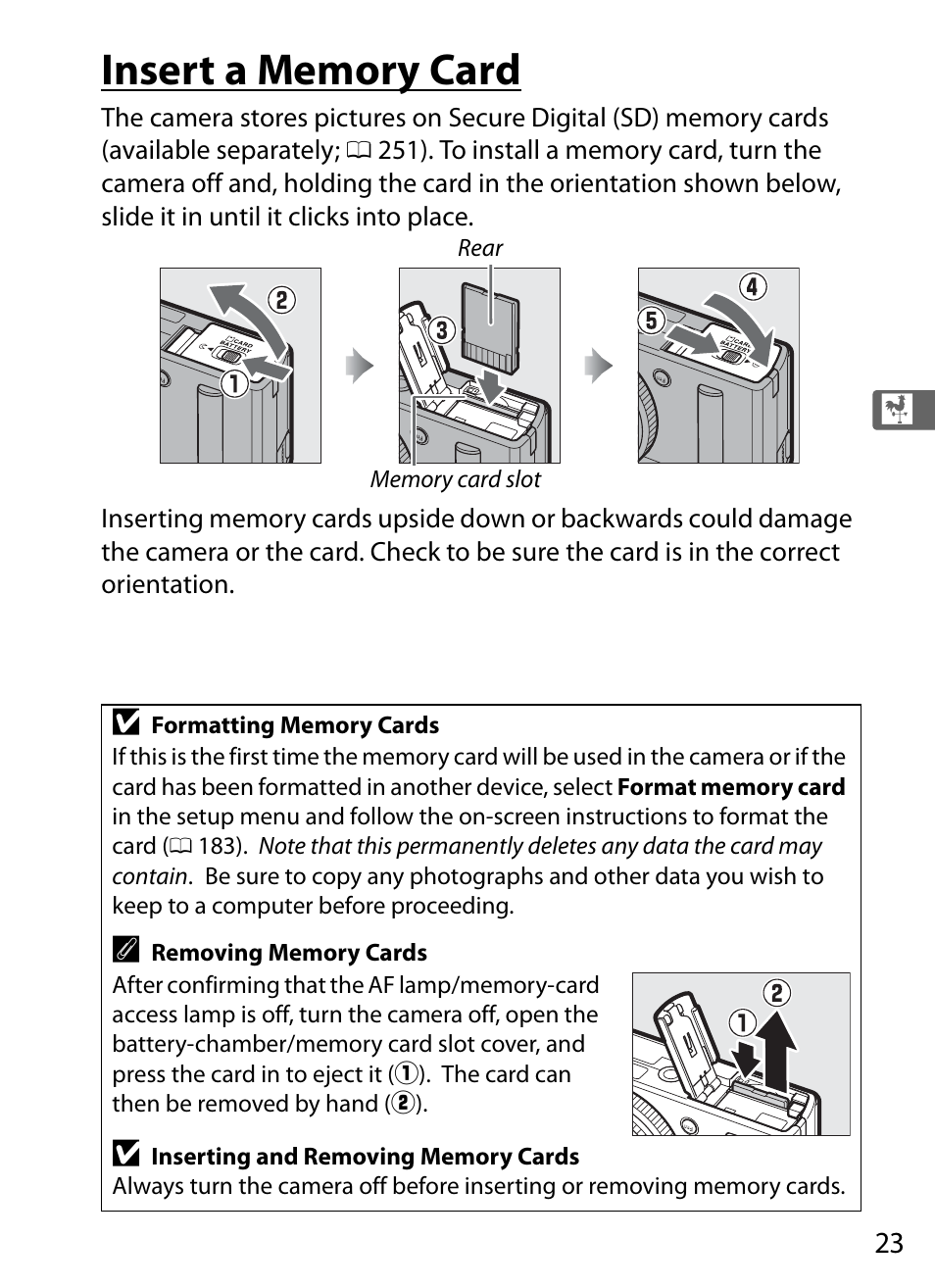 Insert a memory card | Nikon COOLPIX-A User Manual | Page 43 / 278