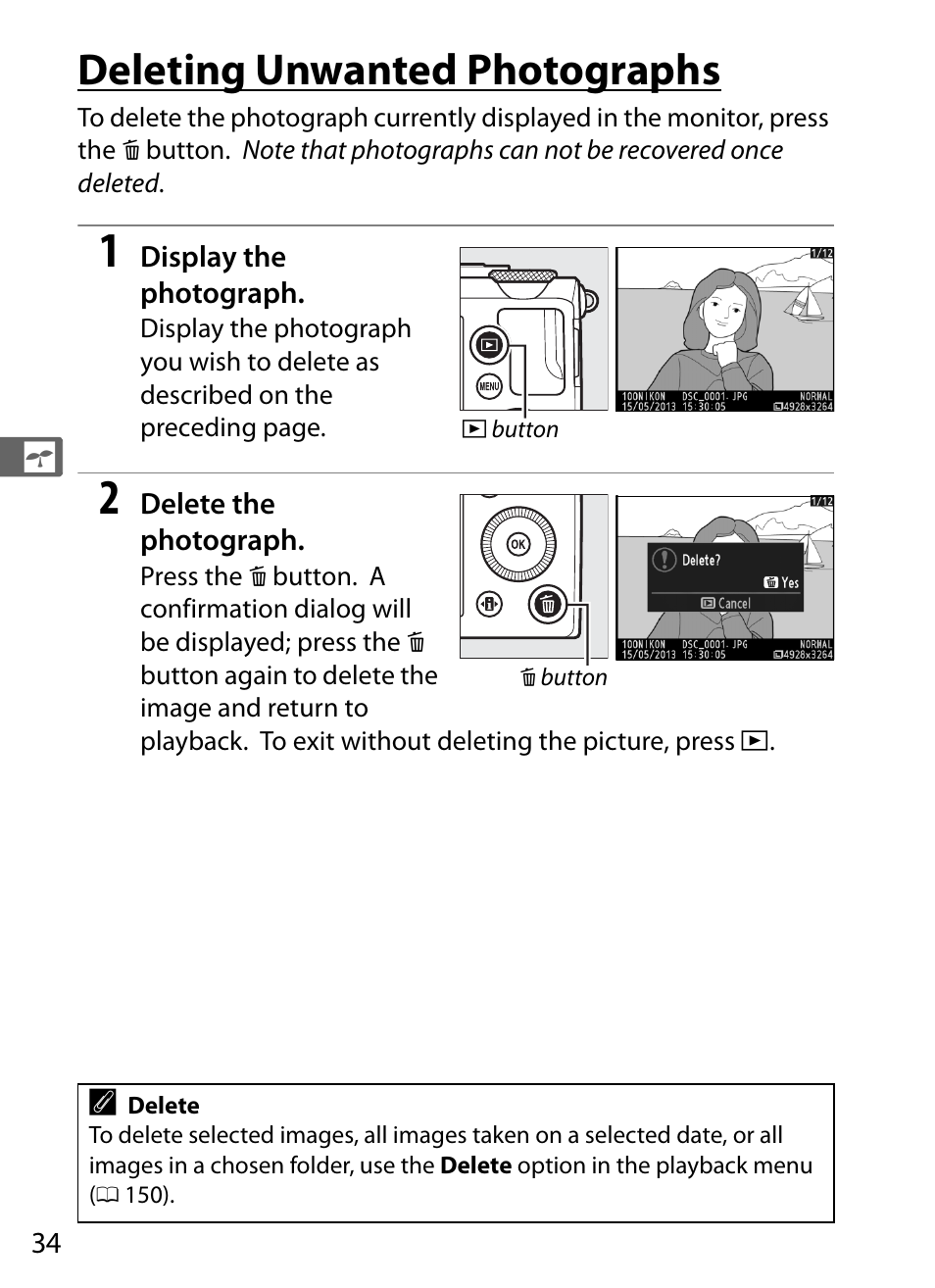 Deleting unwanted photographs | Nikon COOLPIX-A User Manual | Page 54 / 278