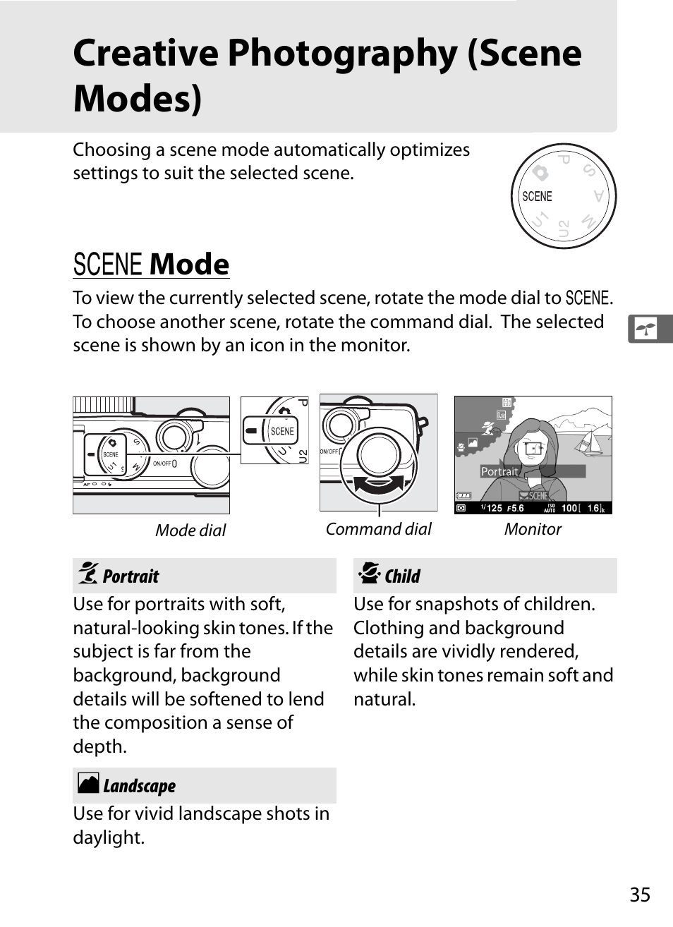 Creative photography (scene modes), Portrait, Landscape | Child, K portrait l landscape p child, H mode | Nikon COOLPIX-A User Manual | Page 55 / 278