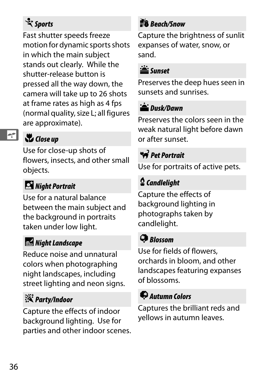 Sports, Close up, Night portrait | Night landscape, Party/indoor, Beach/snow, Sunset, Dusk/dawn, Pet portrait, Candlelight | Nikon COOLPIX-A User Manual | Page 56 / 278