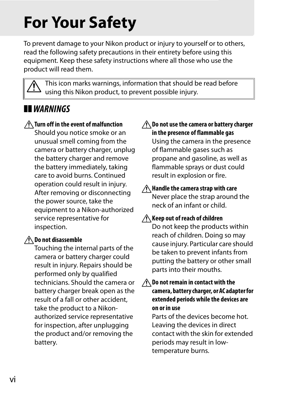 For your safety, 0 vi) | Nikon COOLPIX-A User Manual | Page 6 / 278