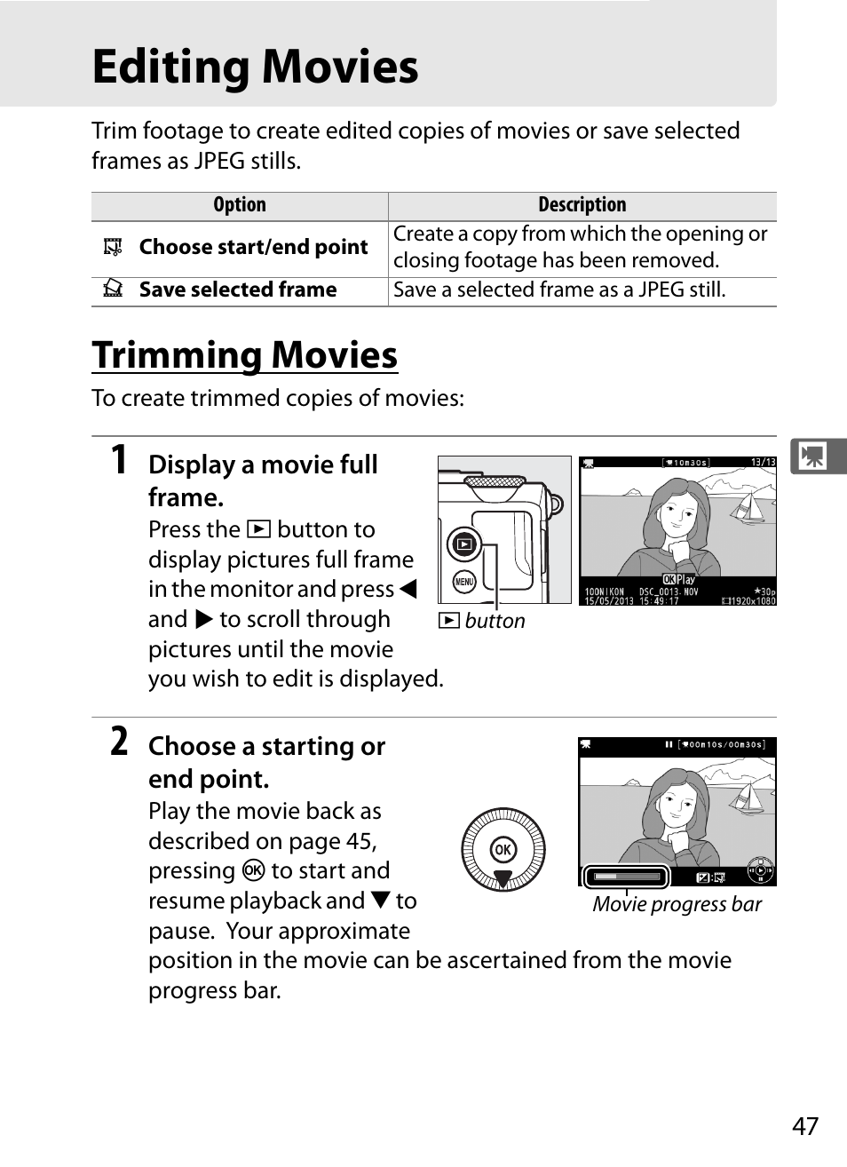 Editing movies, Trimming movies | Nikon COOLPIX-A User Manual | Page 67 / 278