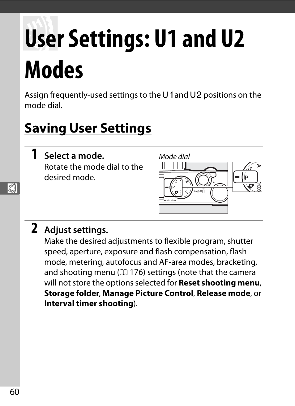 User settings: u1 and u2 modes, Saving user settings | Nikon COOLPIX-A User Manual | Page 80 / 278