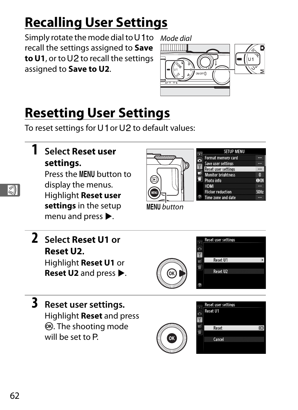 Recalling user settings, Resetting user settings, Recalling user settings resetting user settings | Nikon COOLPIX-A User Manual | Page 82 / 278