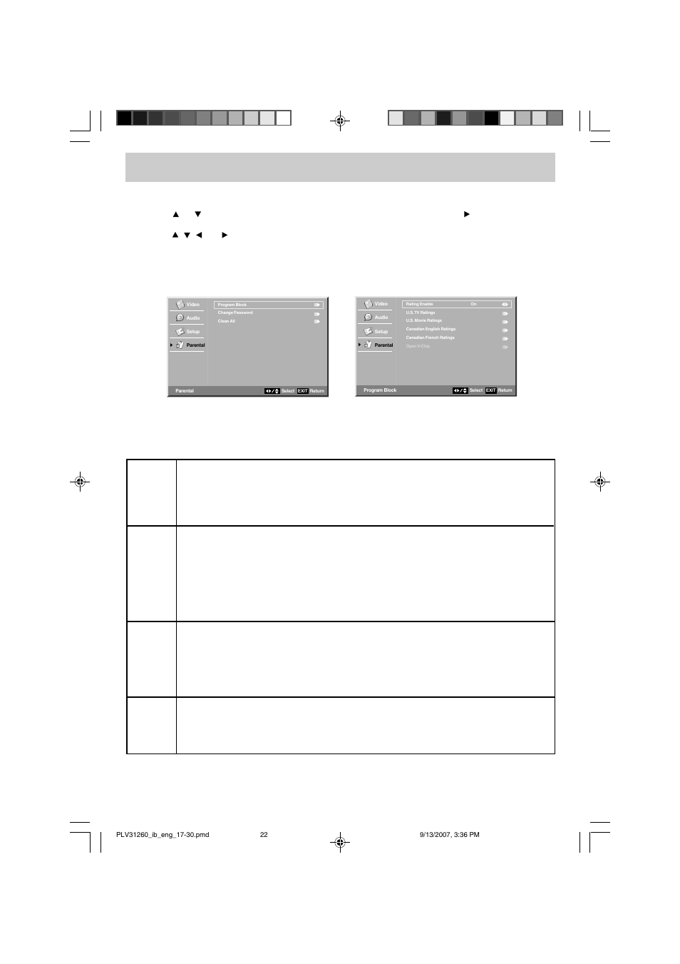 Tv setup, Parental control setting | Audiovox FPE2607DV User Manual | Page 23 / 31