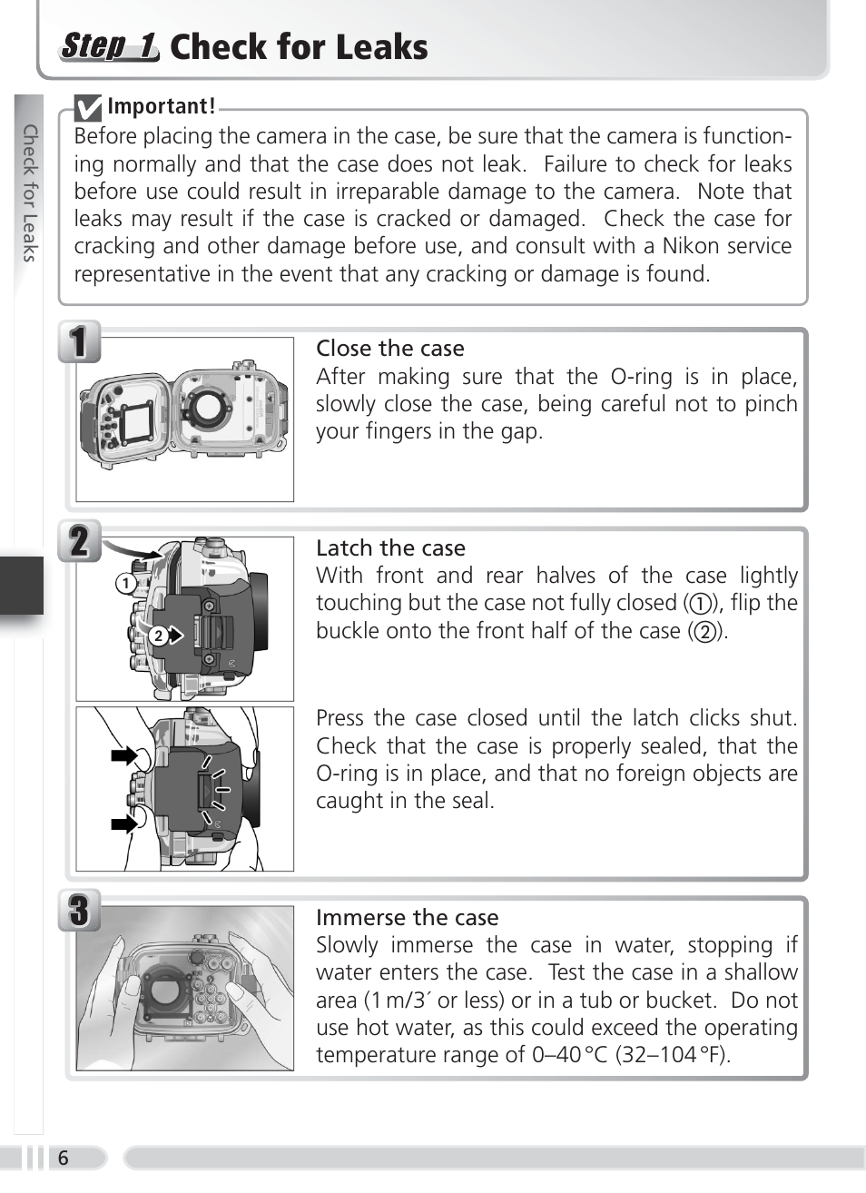 Check for leaks | Nikon WP-CP3 Coolpix 4600-5600 User Manual | Page 14 / 80