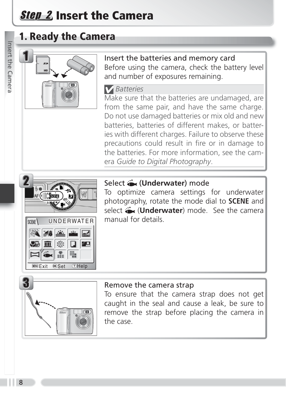 Insert the camera, Ready the camera | Nikon WP-CP3 Coolpix 4600-5600 User Manual | Page 16 / 80