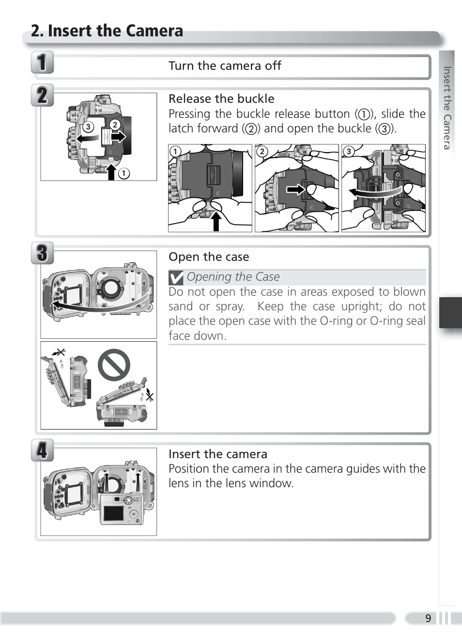 Insert the camera | Nikon WP-CP3 Coolpix 4600-5600 User Manual | Page 17 / 80