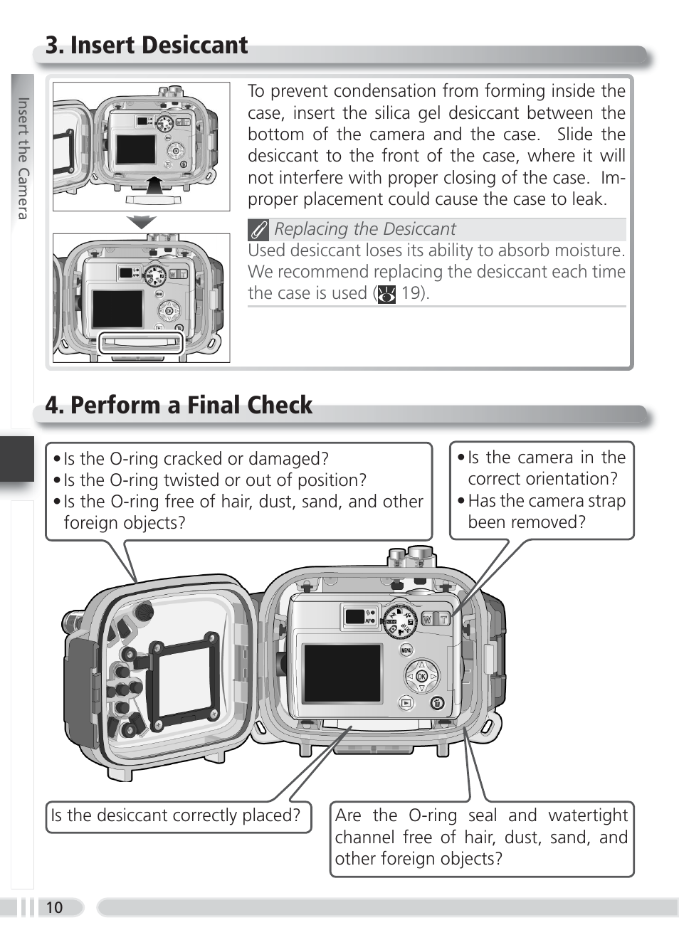 Insert desiccant, Perform a final check, Insert desiccant 4. perform a final check | Nikon WP-CP3 Coolpix 4600-5600 User Manual | Page 18 / 80