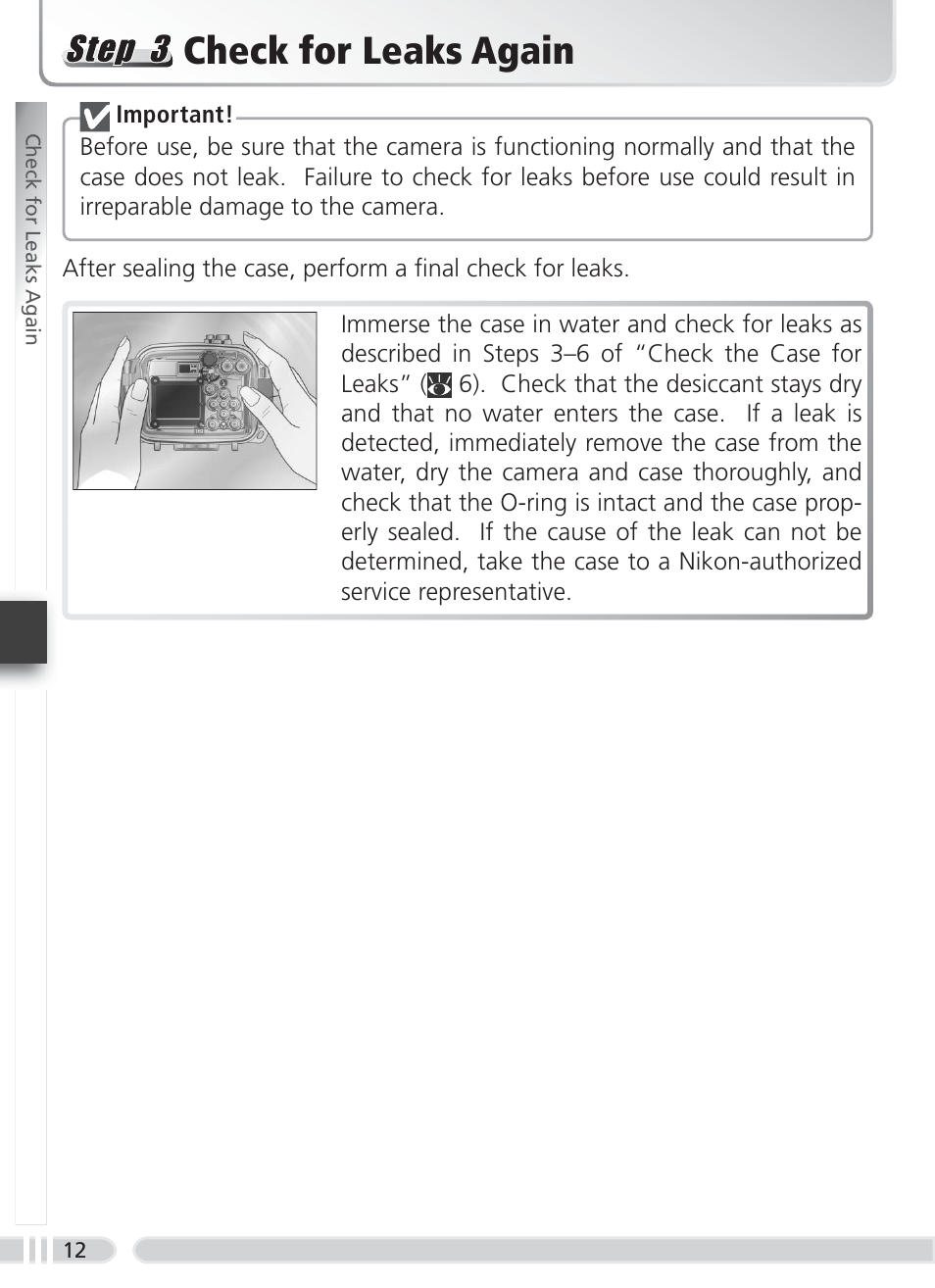 Check for leaks again | Nikon WP-CP3 Coolpix 4600-5600 User Manual | Page 20 / 80