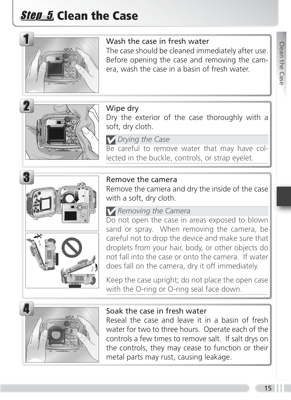 Clean the case | Nikon WP-CP3 Coolpix 4600-5600 User Manual | Page 23 / 80