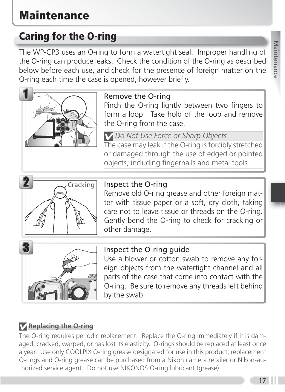 Maintenance, Caring for the o-ring | Nikon WP-CP3 Coolpix 4600-5600 User Manual | Page 25 / 80