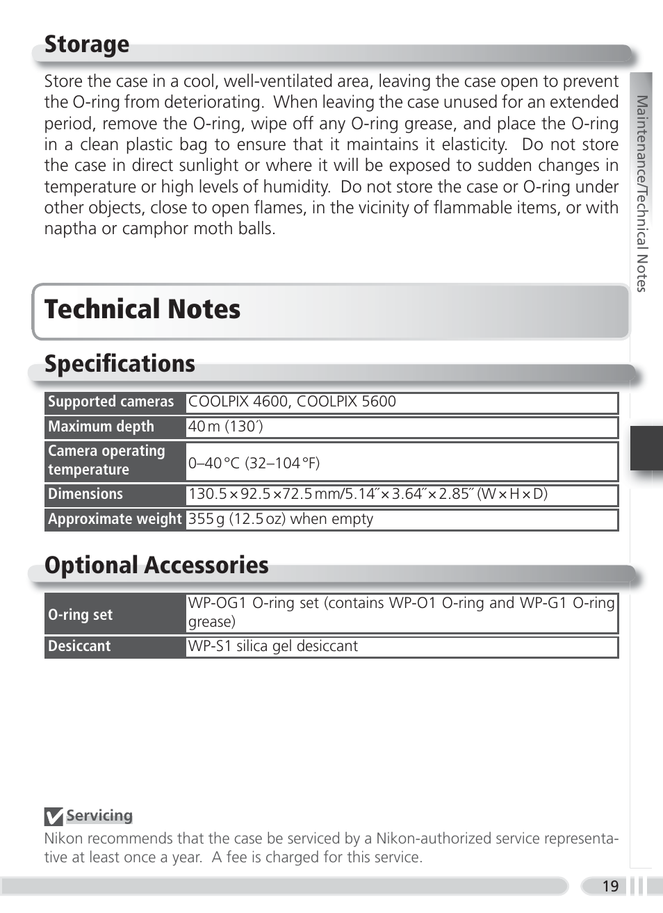 Storage, Technical notes, Specifi cations | Optional accessories | Nikon WP-CP3 Coolpix 4600-5600 User Manual | Page 27 / 80