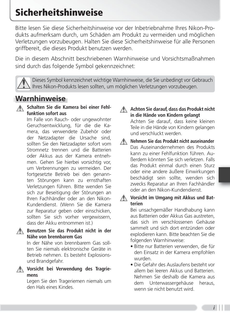 Sicherheitshinweise, Warnhinweise | Nikon WP-CP3 Coolpix 4600-5600 User Manual | Page 29 / 80