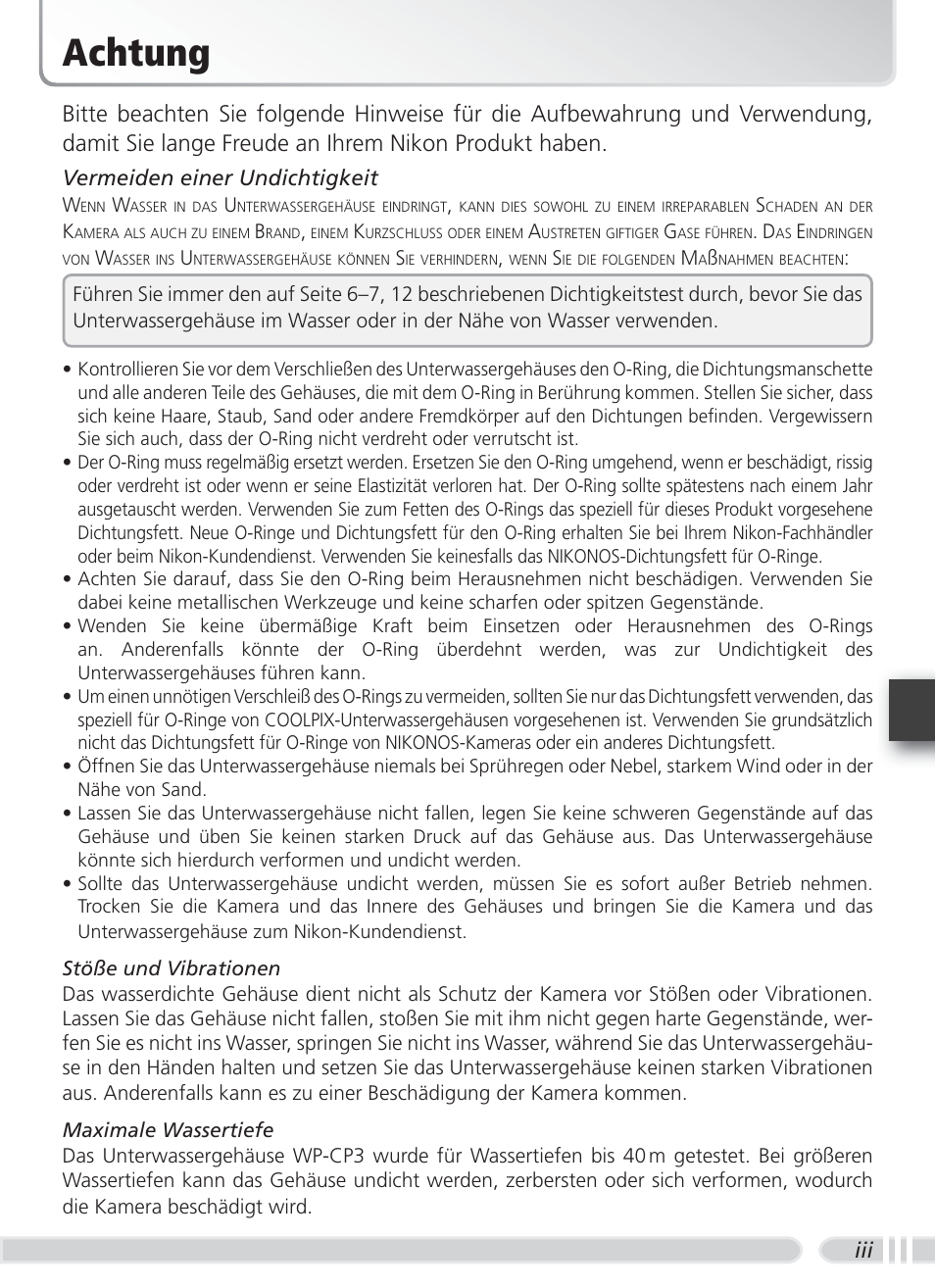 Achtung, Vermeiden einer undichtigkeit | Nikon WP-CP3 Coolpix 4600-5600 User Manual | Page 31 / 80