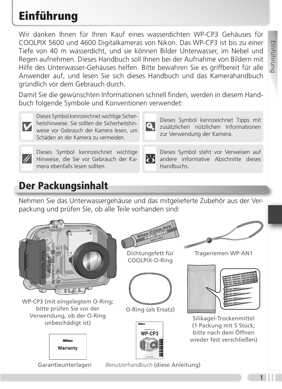 Einführung, Der packungsinhalt | Nikon WP-CP3 Coolpix 4600-5600 User Manual | Page 35 / 80
