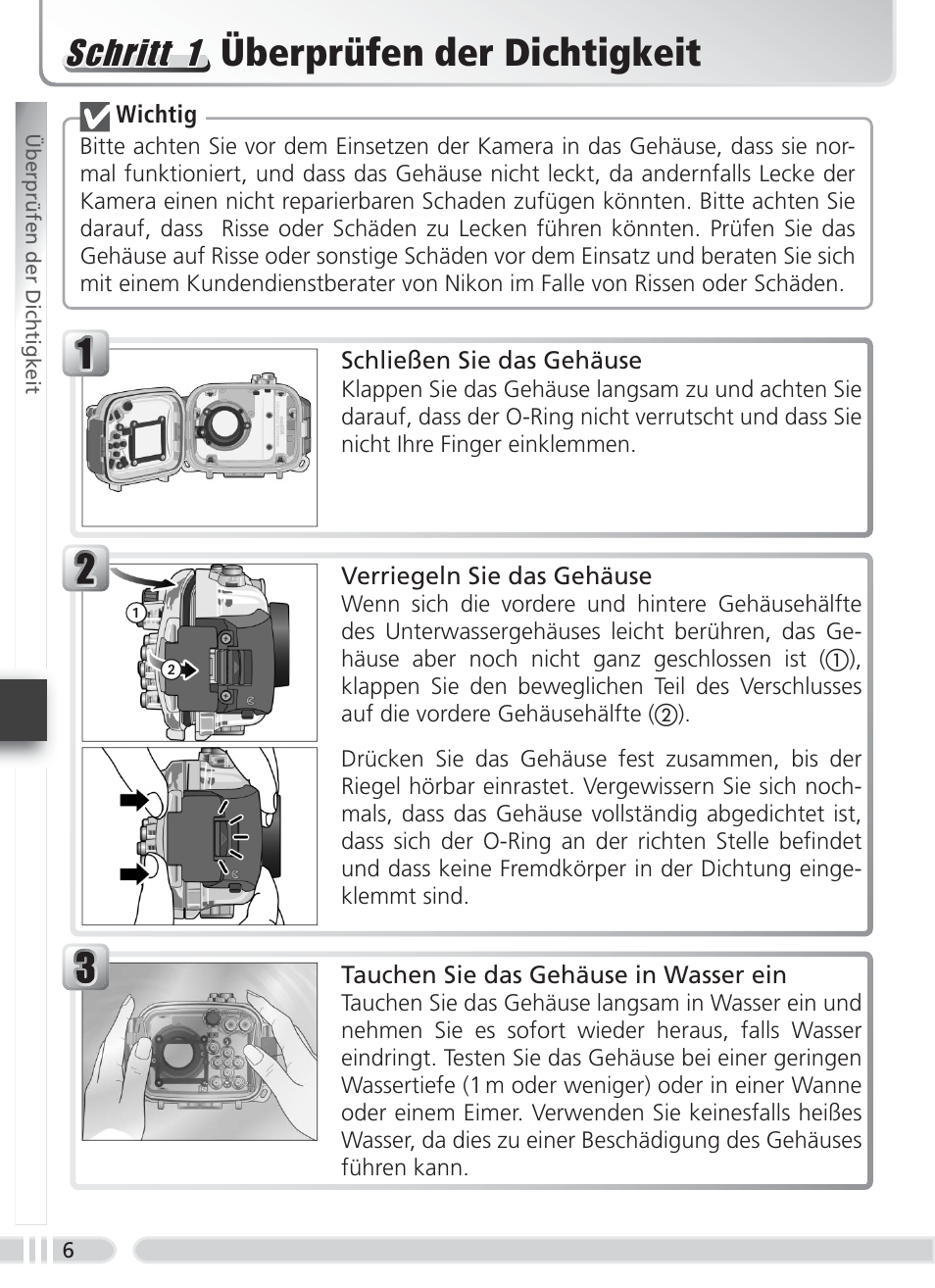 Überprüfen der dichtigkeit, Schritt 1 | Nikon WP-CP3 Coolpix 4600-5600 User Manual | Page 40 / 80