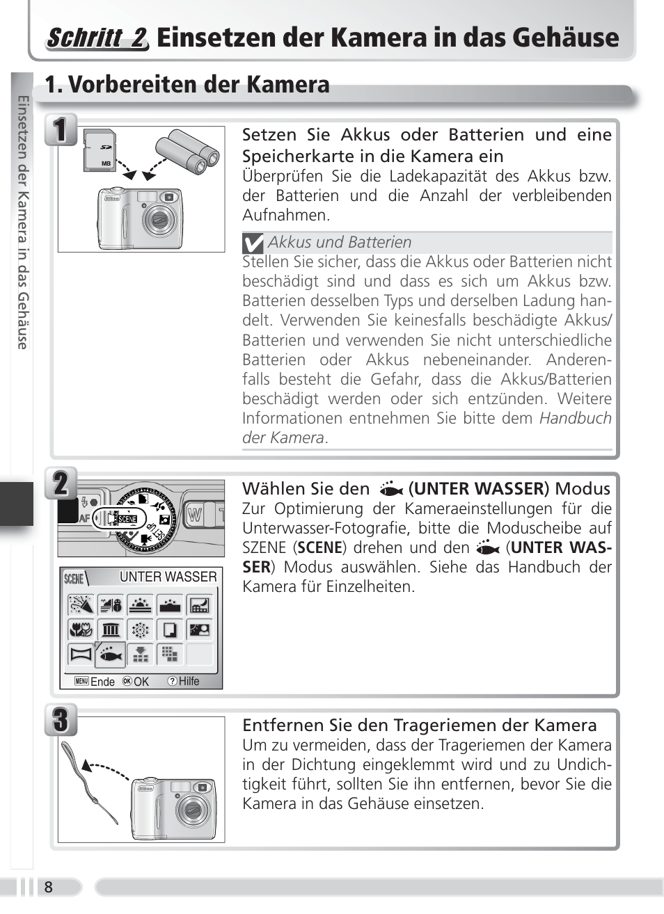 Einsetzen der kamera in das gehäuse, Vorbereiten der kamera, Schritt 2 | Nikon WP-CP3 Coolpix 4600-5600 User Manual | Page 42 / 80