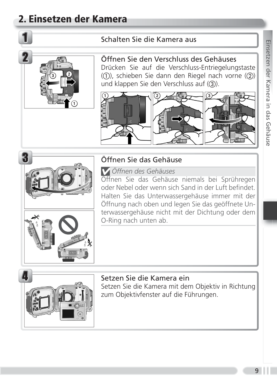Einsetzen der kamera | Nikon WP-CP3 Coolpix 4600-5600 User Manual | Page 43 / 80