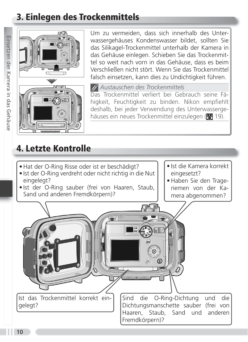 Einlegen des trockenmittels, Letzte kontrolle, Einlegen des trockenmittels 4. letzte kontrolle | Nikon WP-CP3 Coolpix 4600-5600 User Manual | Page 44 / 80