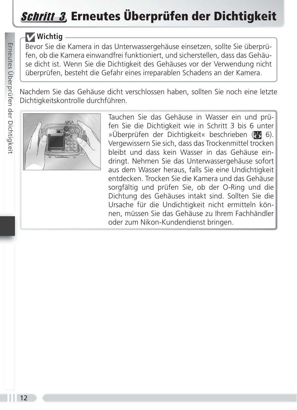 Erneutes überprüfen der dichtigkeit, Schritt 3 | Nikon WP-CP3 Coolpix 4600-5600 User Manual | Page 46 / 80