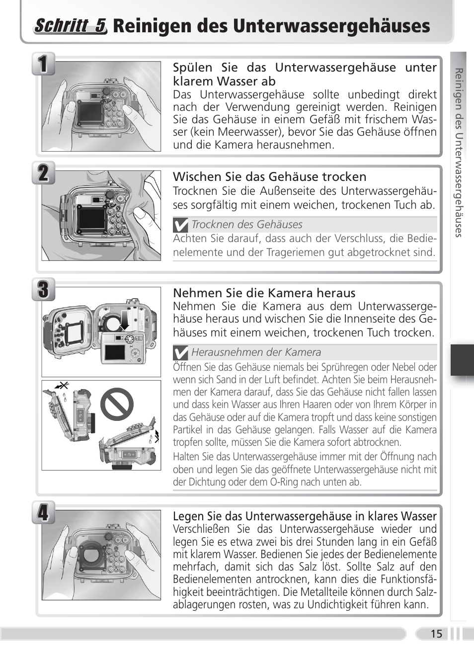 Reinigen des unterwassergehäuses, Schritt 5 | Nikon WP-CP3 Coolpix 4600-5600 User Manual | Page 49 / 80