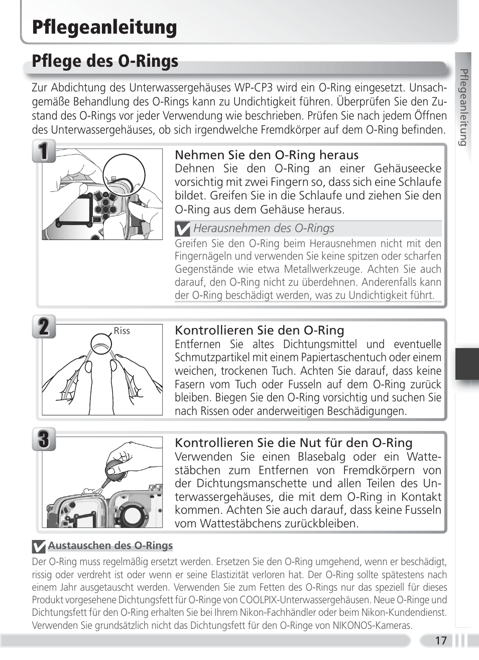 Pfl egeanleitung, Pfl ege des o-rings | Nikon WP-CP3 Coolpix 4600-5600 User Manual | Page 51 / 80