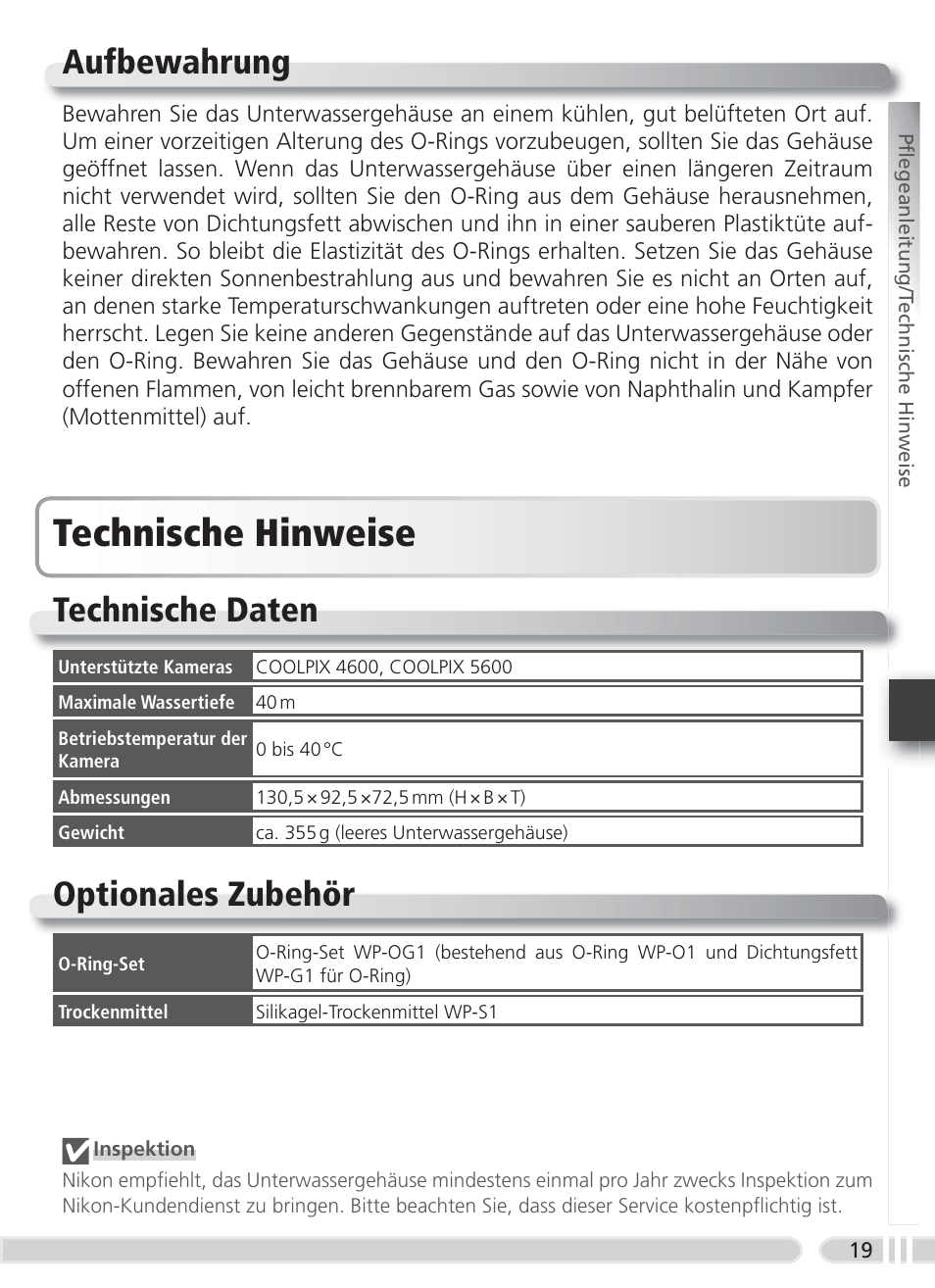 Aufbewahrung, Technische hinweise, Technische daten | Optionales zubehör | Nikon WP-CP3 Coolpix 4600-5600 User Manual | Page 53 / 80