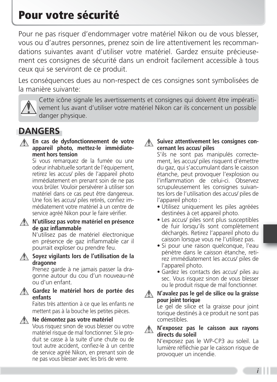 Pour votre sécurité, Dangers | Nikon WP-CP3 Coolpix 4600-5600 User Manual | Page 55 / 80