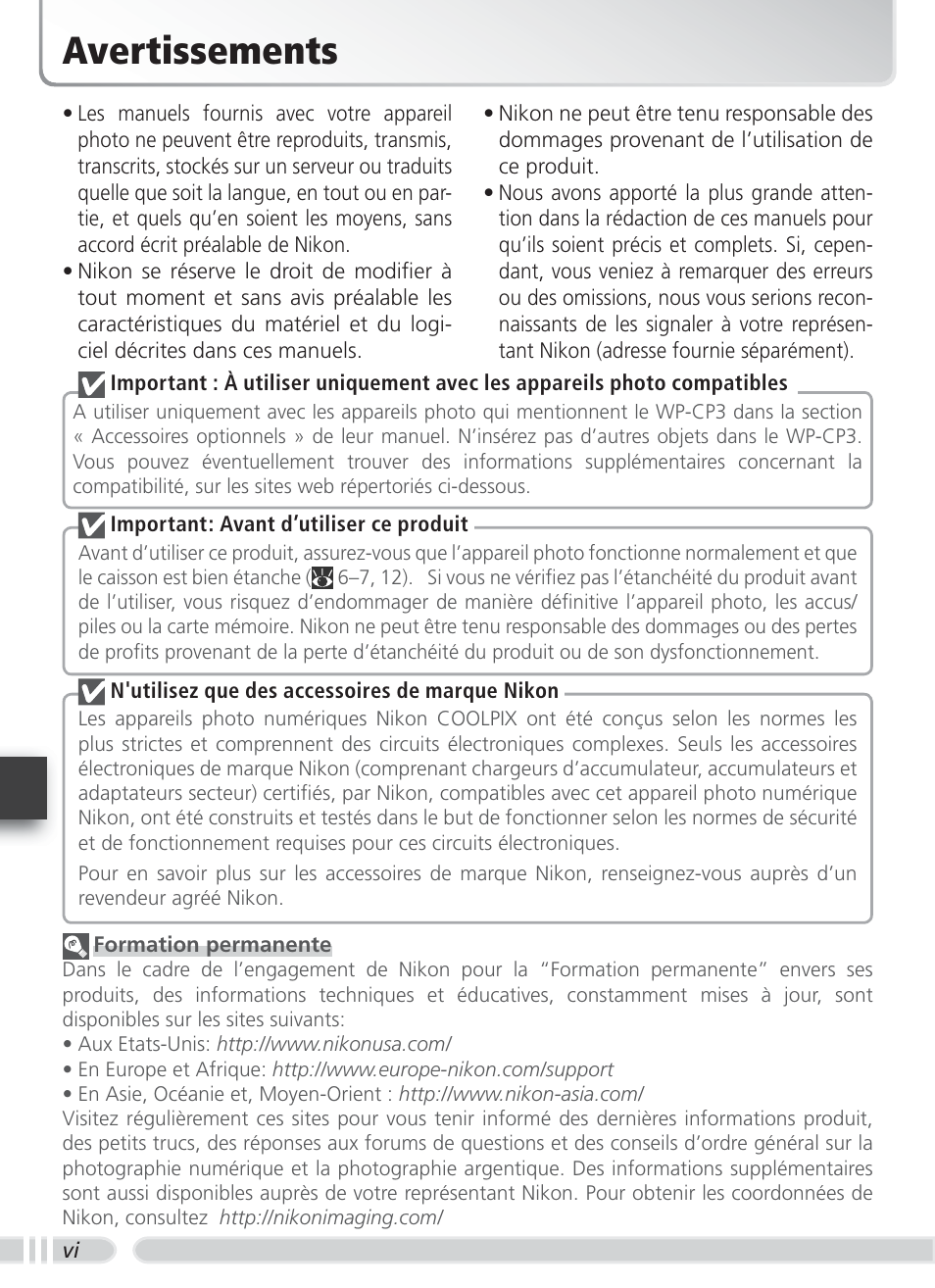 Avertissements | Nikon WP-CP3 Coolpix 4600-5600 User Manual | Page 60 / 80
