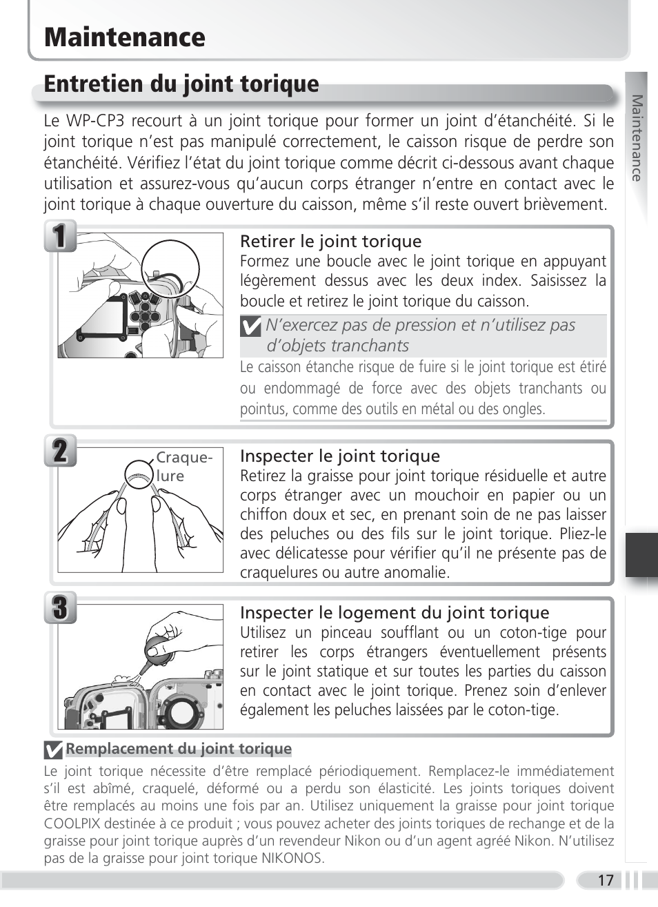 Maintenance, Entretien du joint torique | Nikon WP-CP3 Coolpix 4600-5600 User Manual | Page 77 / 80