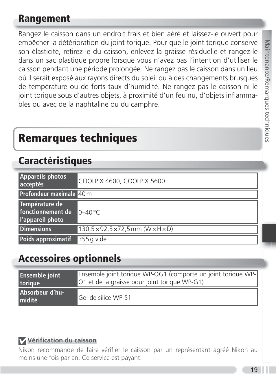 Rangement, Remarques techniques, Caractéristiques | Accessoires optionnels | Nikon WP-CP3 Coolpix 4600-5600 User Manual | Page 79 / 80