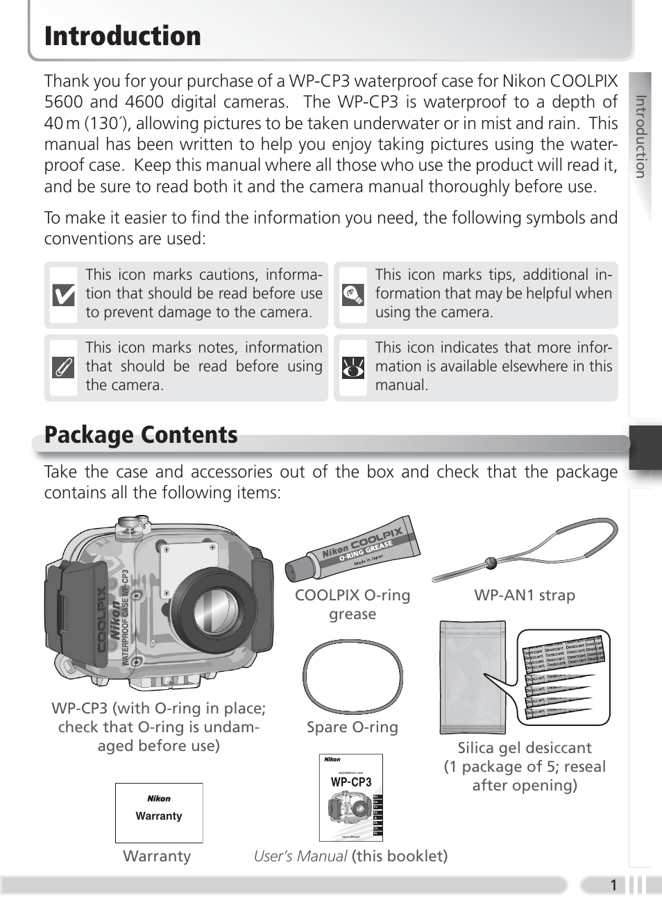 Introduction, Package contents, User’s manual (this booklet) | Nikon WP-CP3 Coolpix 4600-5600 User Manual | Page 9 / 80