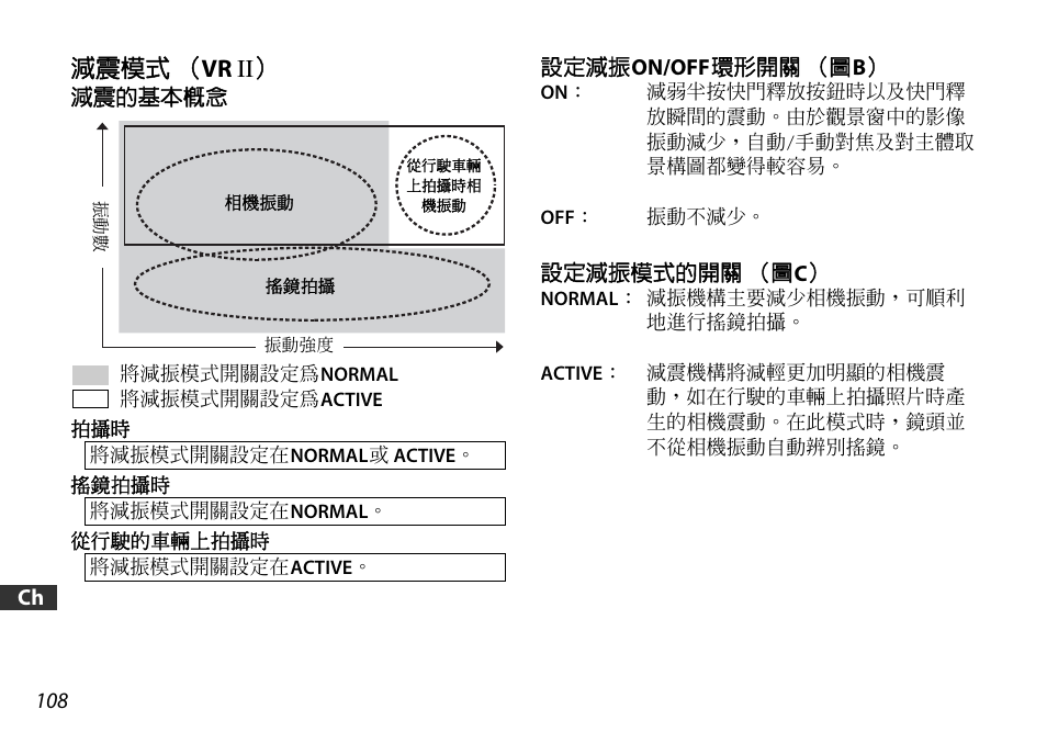 減震模式（vr ii, 減震的基本概念, 設定減振on/off環形開關（圖b | 設定減振模式的開關（圖c, P. 108), 減震模式 （ vr ii | Nikon AF-S DX 16-85mm f-3.5-5.6G ED VR User Manual | Page 108 / 128