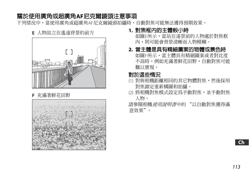 關於使用廣角或超廣角af尼克爾鏡頭注意事項, 對焦框內的主體較小時, 當主體是具有精細圖案的物體或景色時 | 對於這些情況 | Nikon AF-S DX 16-85mm f-3.5-5.6G ED VR User Manual | Page 113 / 128