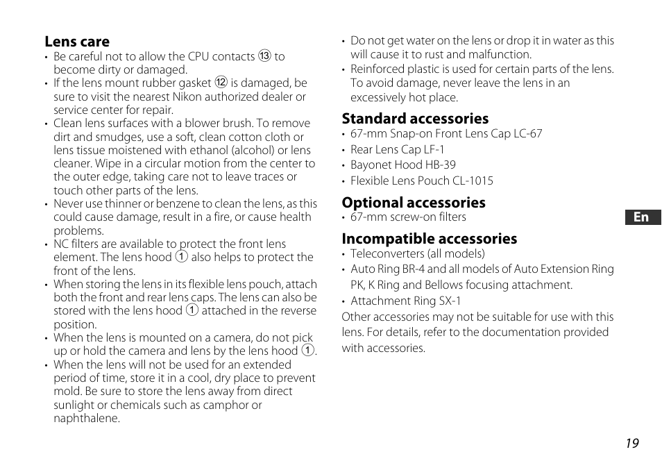 Lens care, Standard accessories, Optional accessories | Incompatible accessories, P. 19), Ts (p. 19) | Nikon AF-S DX 16-85mm f-3.5-5.6G ED VR User Manual | Page 19 / 128