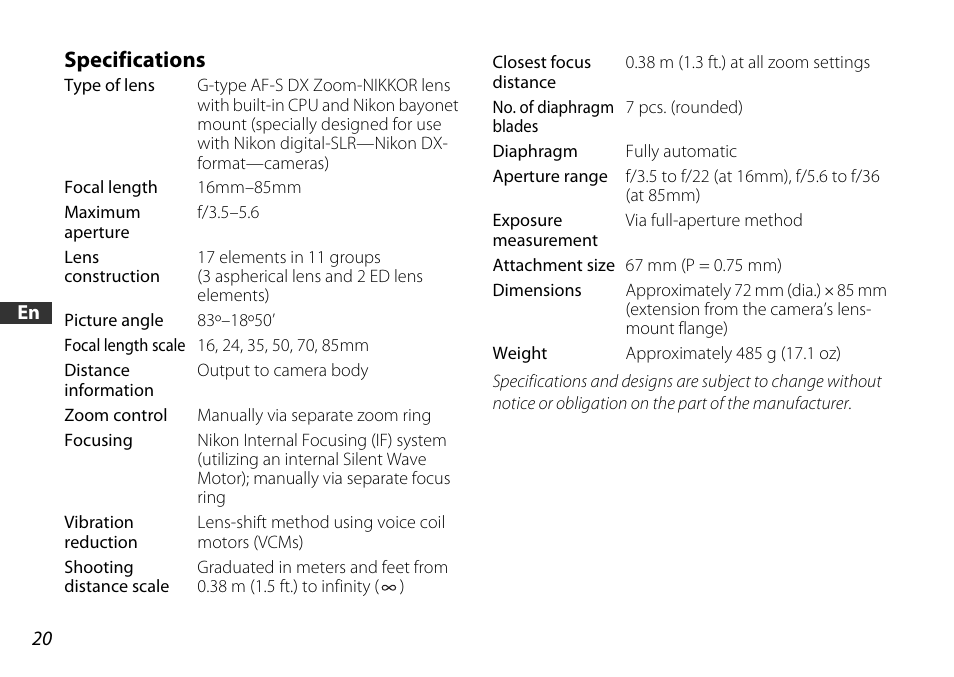 Specifications | Nikon AF-S DX 16-85mm f-3.5-5.6G ED VR User Manual | Page 20 / 128