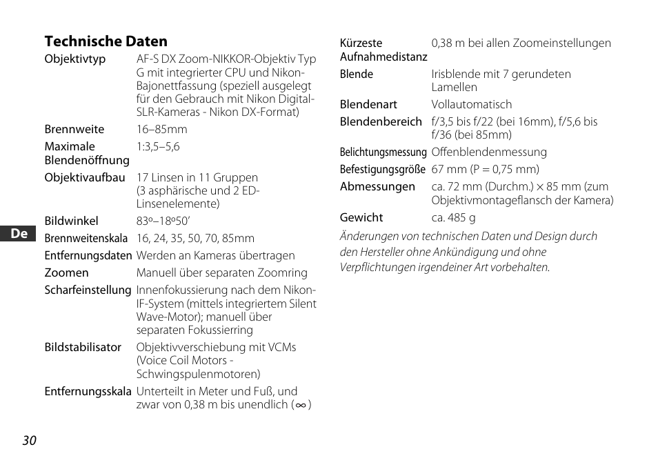 Technische daten | Nikon AF-S DX 16-85mm f-3.5-5.6G ED VR User Manual | Page 30 / 128