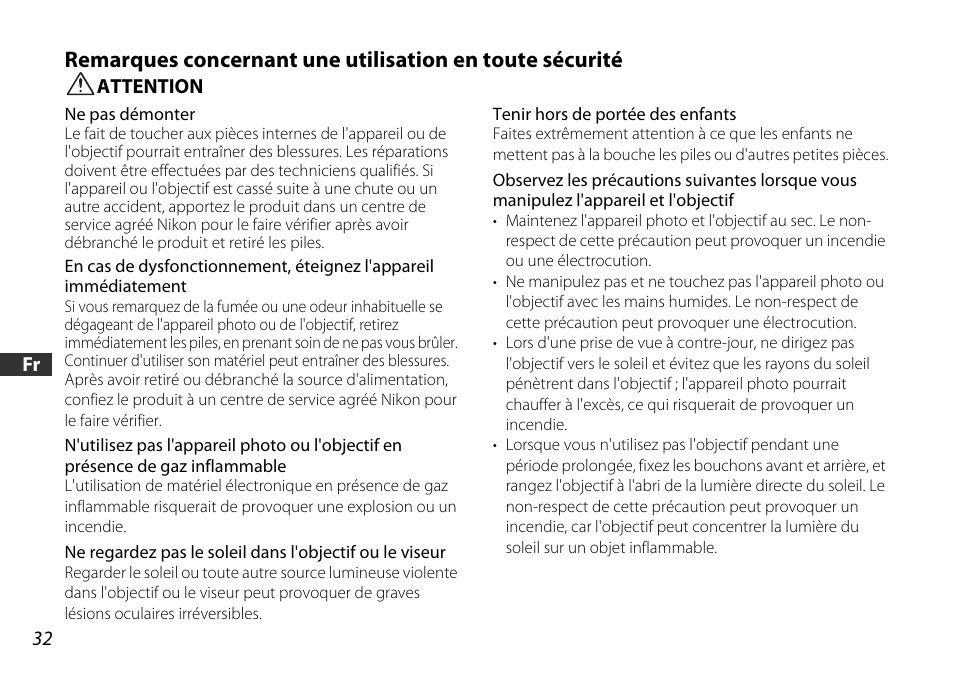 Attention | Nikon AF-S DX 16-85mm f-3.5-5.6G ED VR User Manual | Page 32 / 128