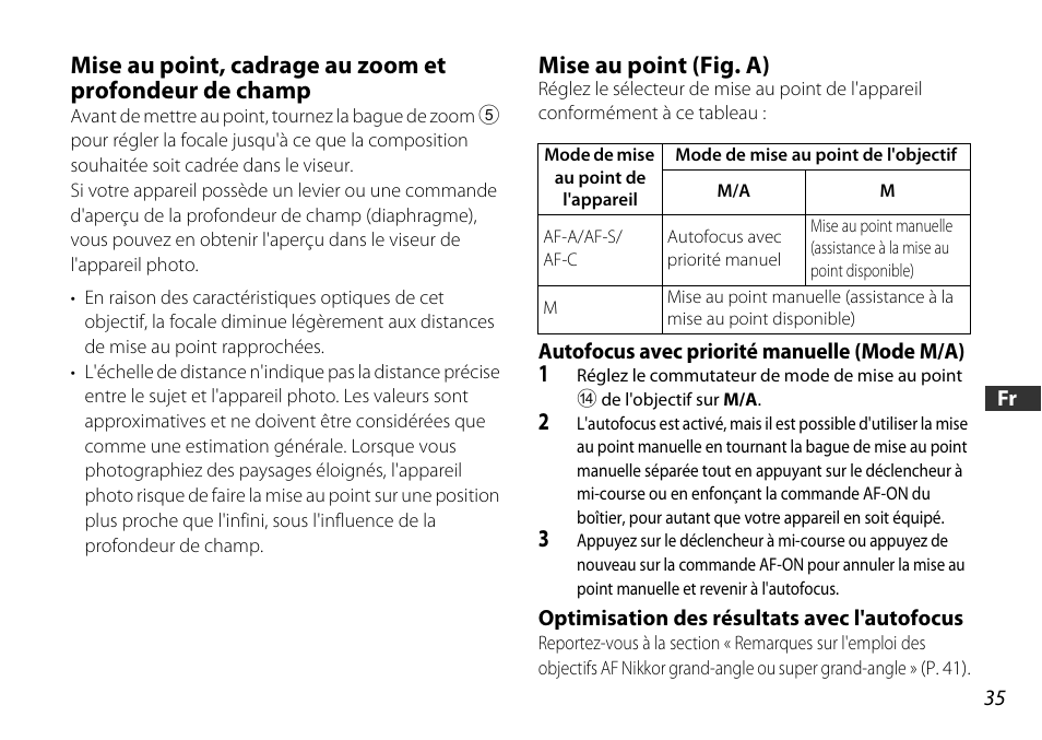 Mise au point (fig. a), Autofocus avec priorité manuelle (mode m/a), Optimisation des résultats avec l'autofocus | P. 35, P. 35), Mise au point (p. 35) | Nikon AF-S DX 16-85mm f-3.5-5.6G ED VR User Manual | Page 35 / 128