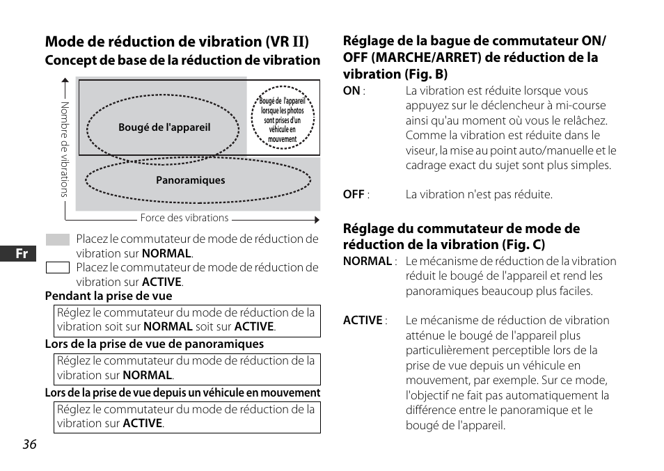 Mode de réduction de vibration (vr ii), Concept de base de la réduction de vibration, P. 36) | N (p. 36) | Nikon AF-S DX 16-85mm f-3.5-5.6G ED VR User Manual | Page 36 / 128