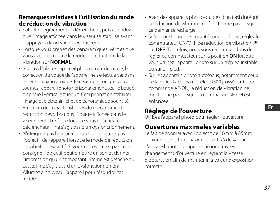 Réglage de l'ouverture, Ouvertures maximales variables | Nikon AF-S DX 16-85mm f-3.5-5.6G ED VR User Manual | Page 37 / 128