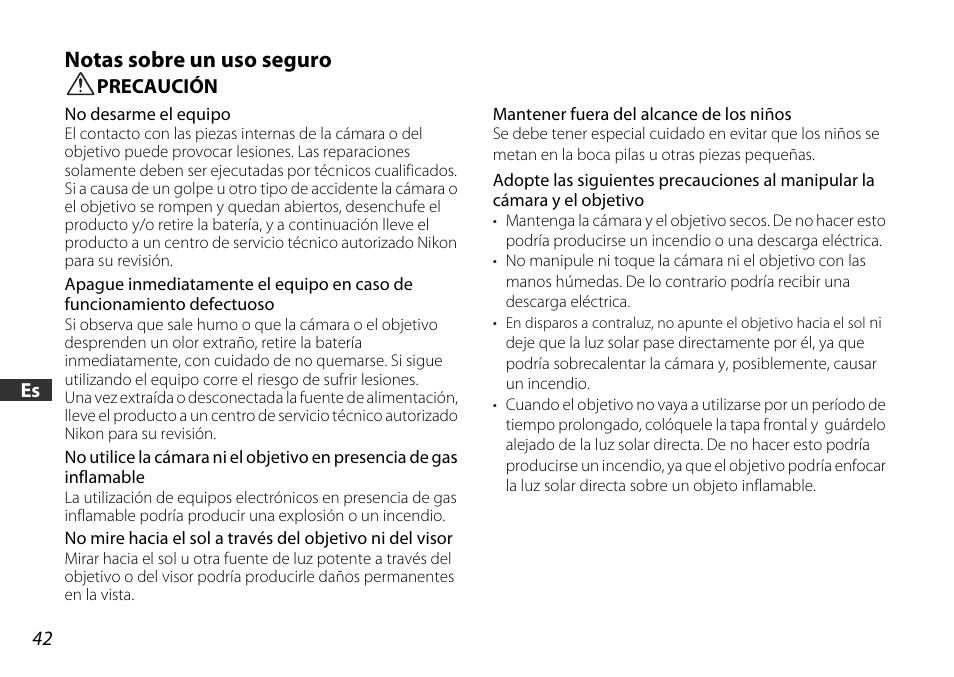 Notas sobre un uso seguro, Precaución | Nikon AF-S DX 16-85mm f-3.5-5.6G ED VR User Manual | Page 42 / 128