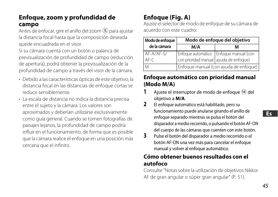 Enfoque, zoom y profundidad de campo, Enfoque (fig. a), Enfoque automático con prioridad manual (modo m/a) | Cómo obtener buenos resultados con el autofoco, P. 45, P. 45) | Nikon AF-S DX 16-85mm f-3.5-5.6G ED VR User Manual | Page 45 / 128