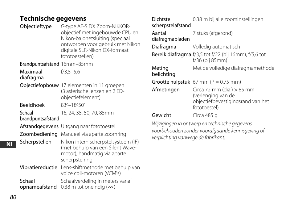 Technische gegevens | Nikon AF-S DX 16-85mm f-3.5-5.6G ED VR User Manual | Page 80 / 128